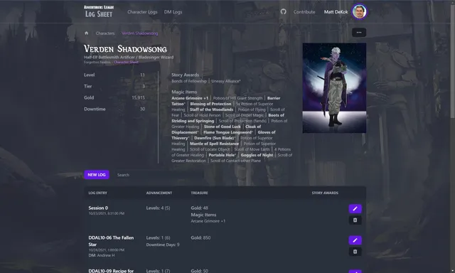 D&D Adventurers League Log Sheet